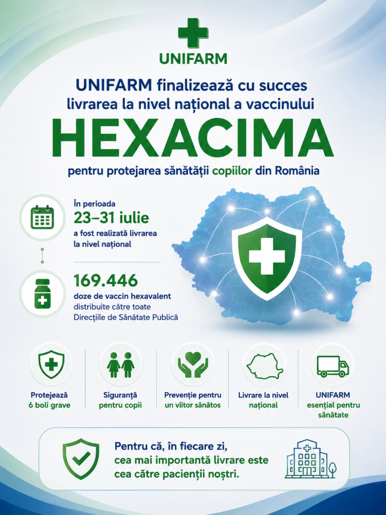 UNIFARM finalizeaza cu succes livrarea la nivel national a vaccinului HEXACIMA pentru protejarea sanatatii copiilor din Romania